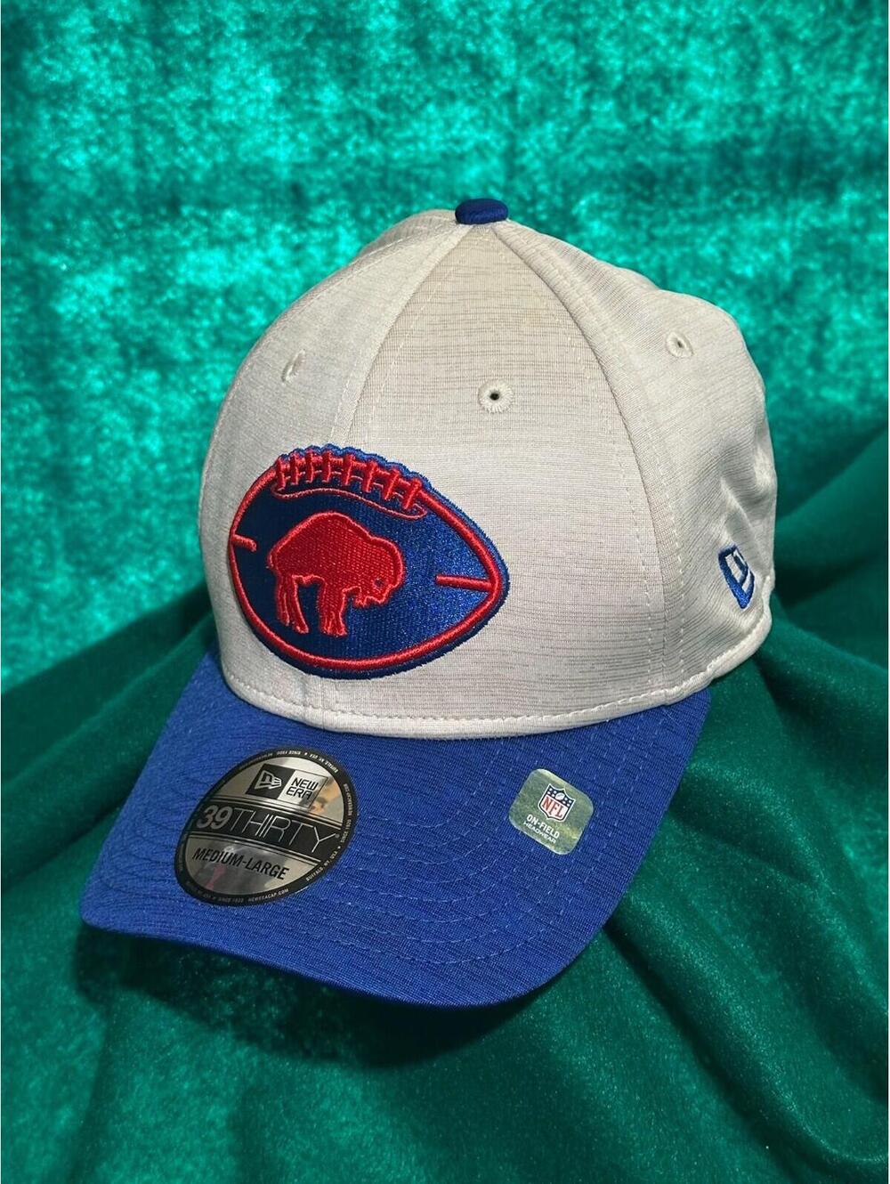 Buffalo Bills Throwback Football New Era 39THIRTY Stone & Blue Flex-Fit Hat M/L
